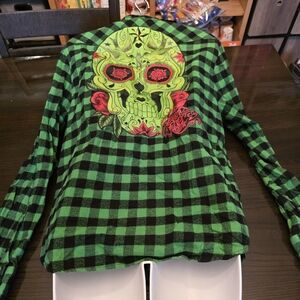 Mens Iron Fist Bright Green Flannel Sugar Skull Shirt Sz Medium Pearl Snap